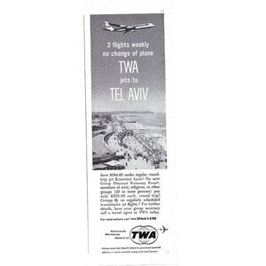 TWA Airlines Jets to Tel Aviv 1960s Vintage Print Ad 9 inch Tall